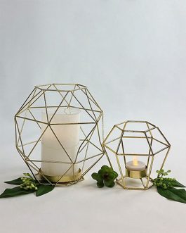 Lantern Geometric Brass + Battery Candles (Large 20 cm x 20cm + Small 12 cm x 12 cm)